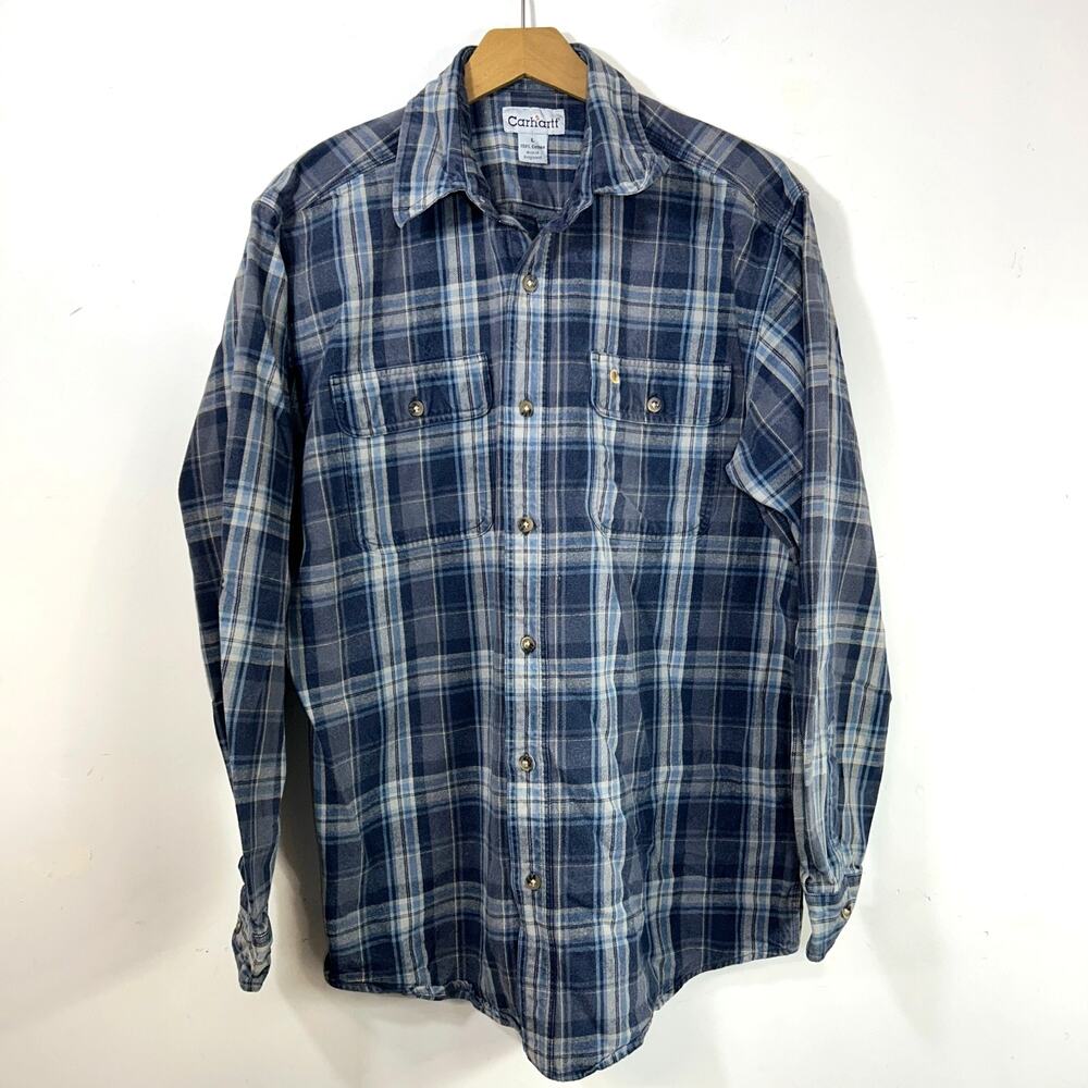 Carhartt Heavyweight Flannel Long Sleeve Blue Plaid Shirt Men's L Original Fit